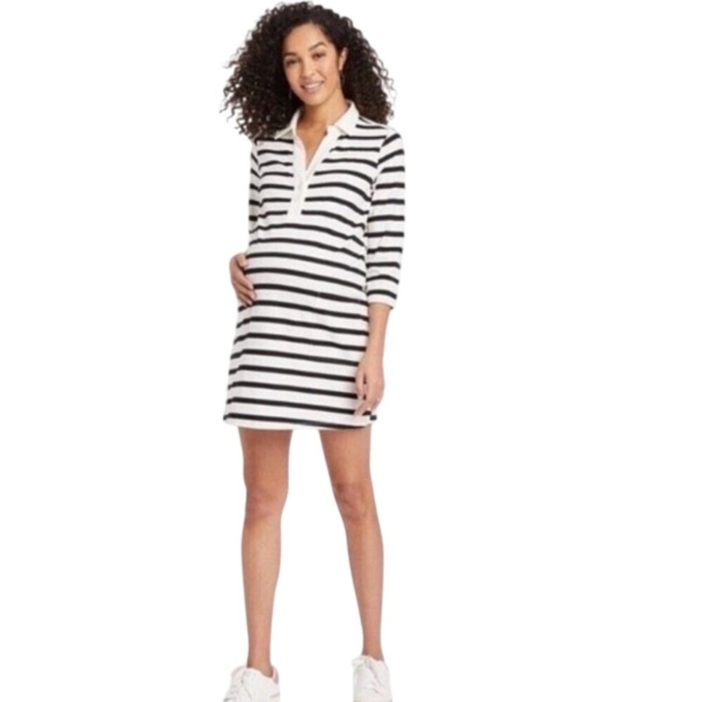 The Nines by Hatch Cotton 3/4 Sleeve Maternity Dress Cream Black XS